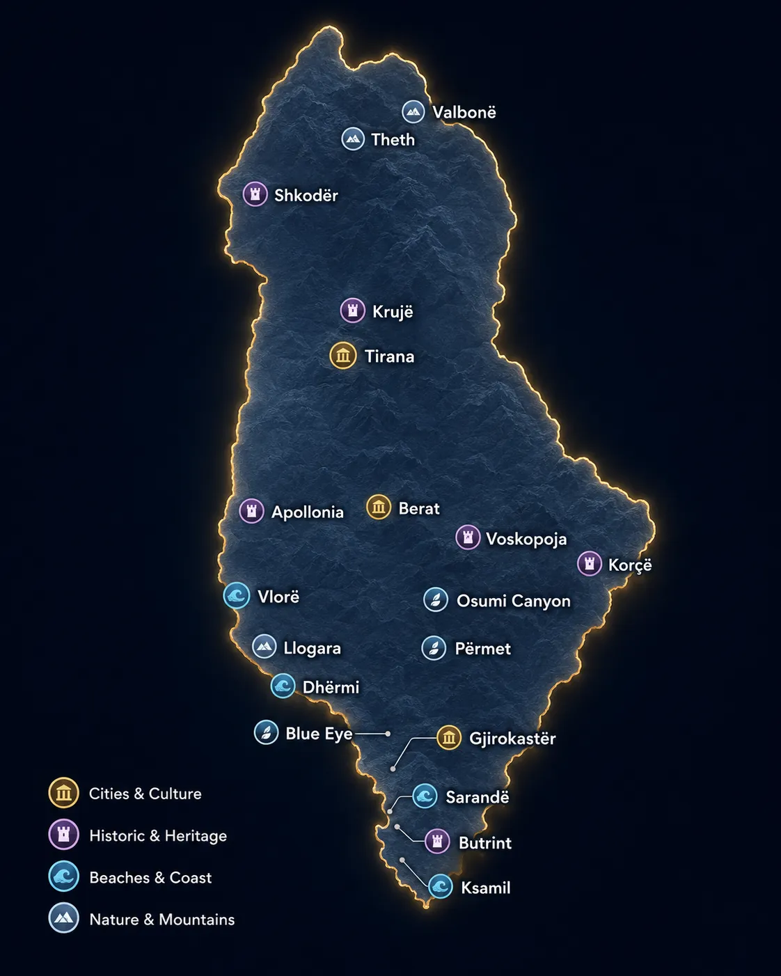 Interactive map of Albania with 19 destinations