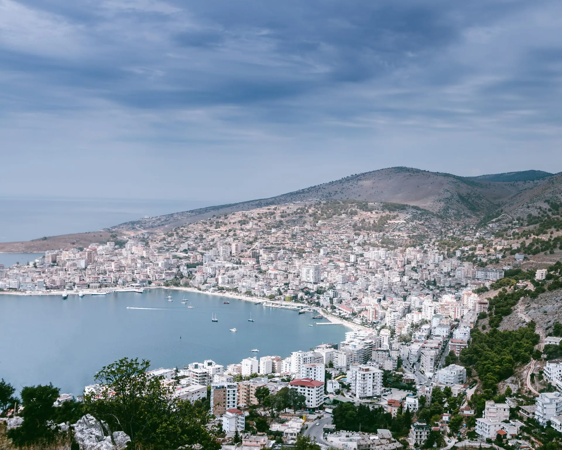 Sarandë bay and the Ionian coast from the hillside above the city